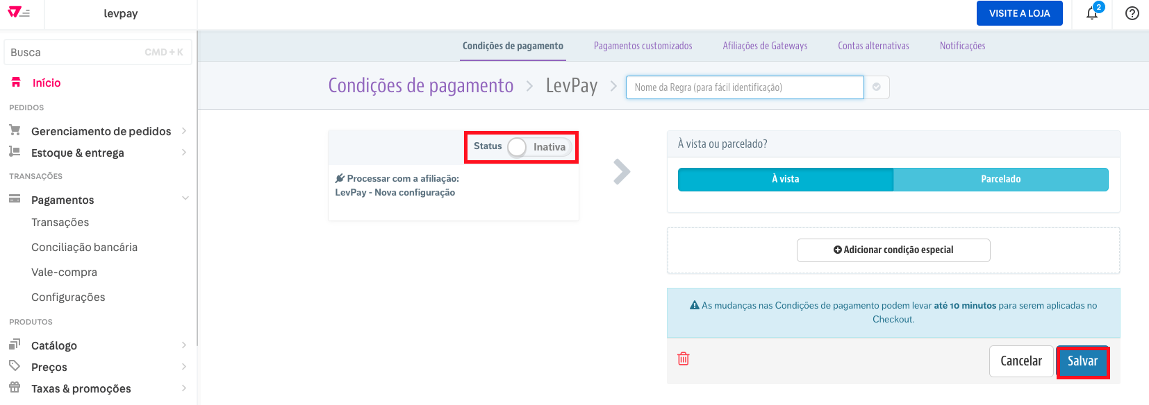 VTEX - Ativar Condições de Pagamento LevPay